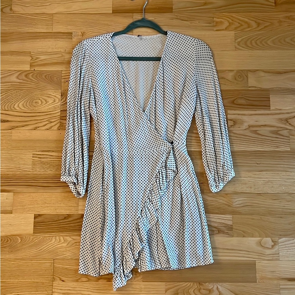 Zara White Wrap Mini Dress with Black Polka Dots